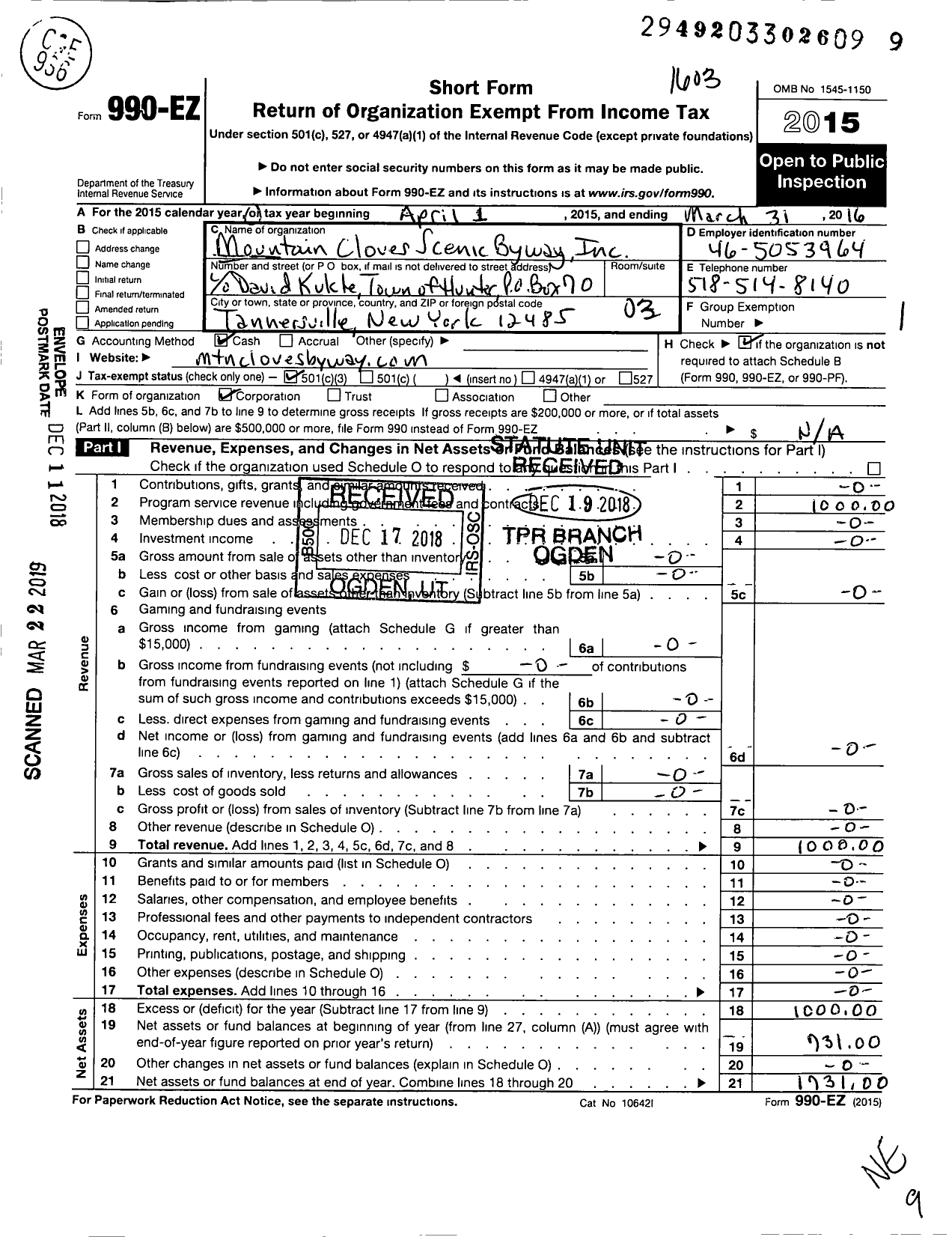 Image of first page of 2015 Form 990EZ for Mountain Cloves Scenic Byway