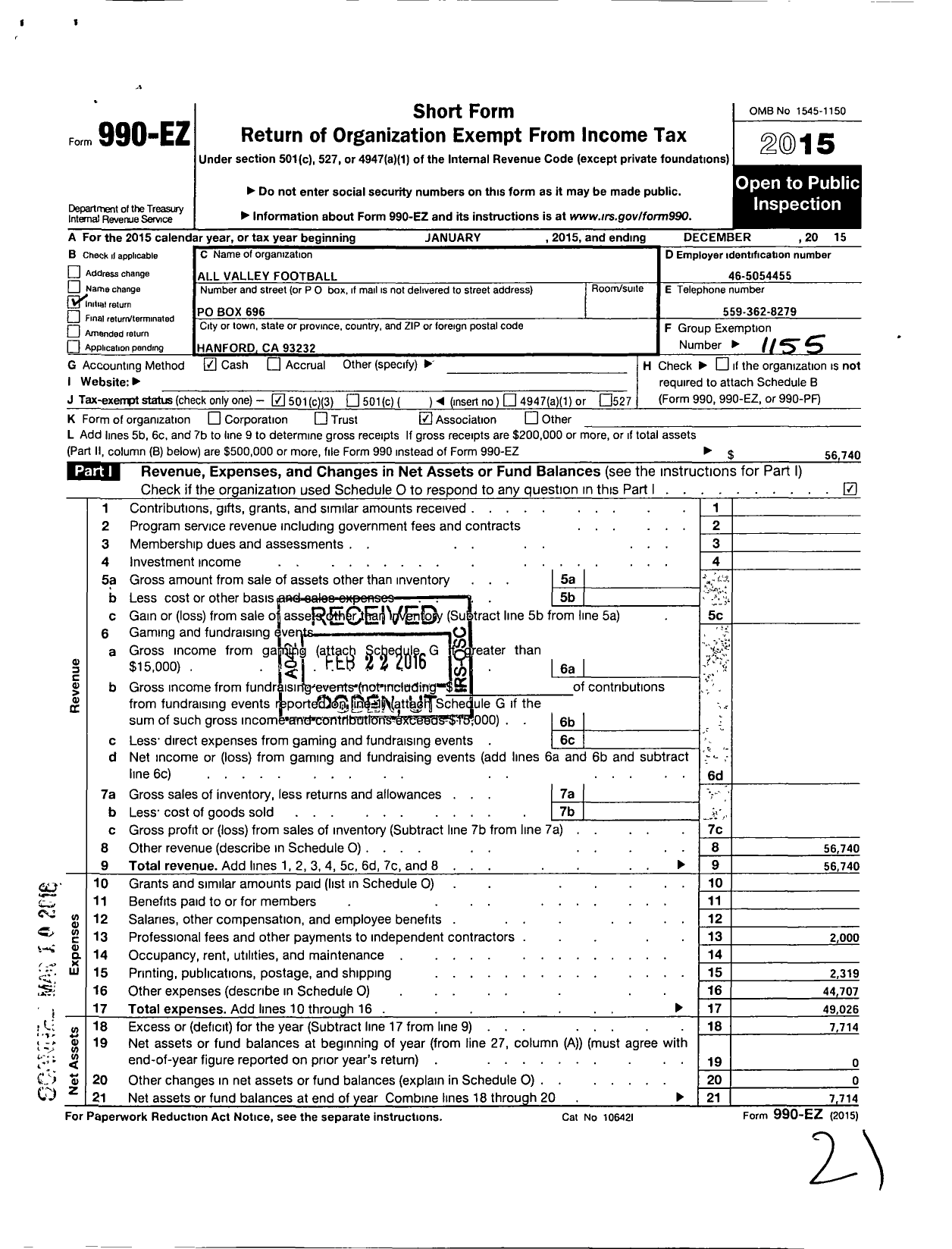 Image of first page of 2015 Form 990EZ for Amateur Athletic Union - All Valley Youth Football