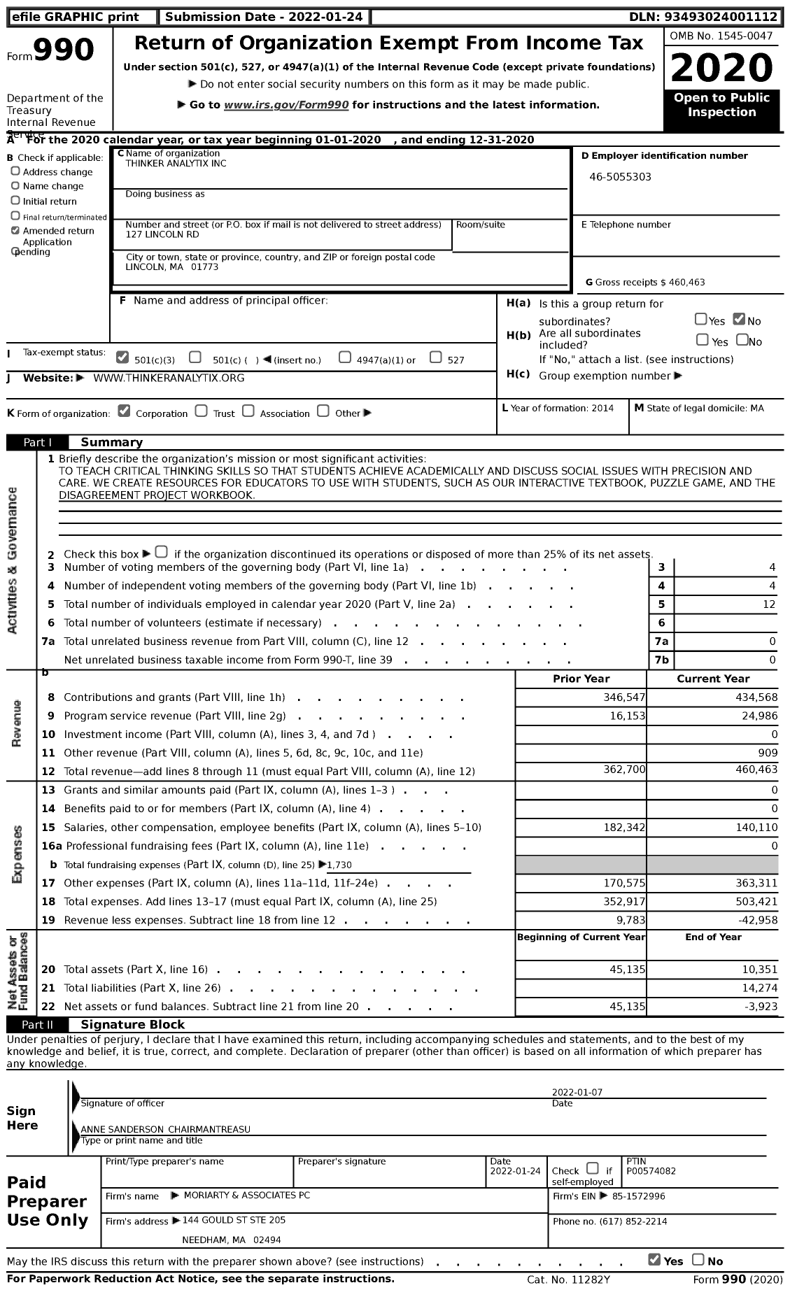 Image of first page of 2020 Form 990 for Thinker Analytix