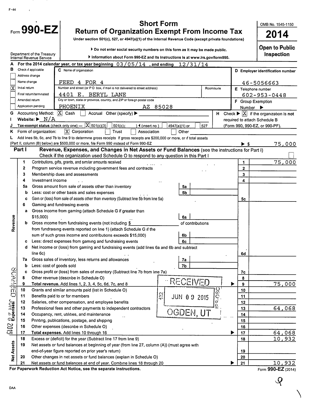 Image of first page of 2014 Form 990EZ for Feed 4 for 4