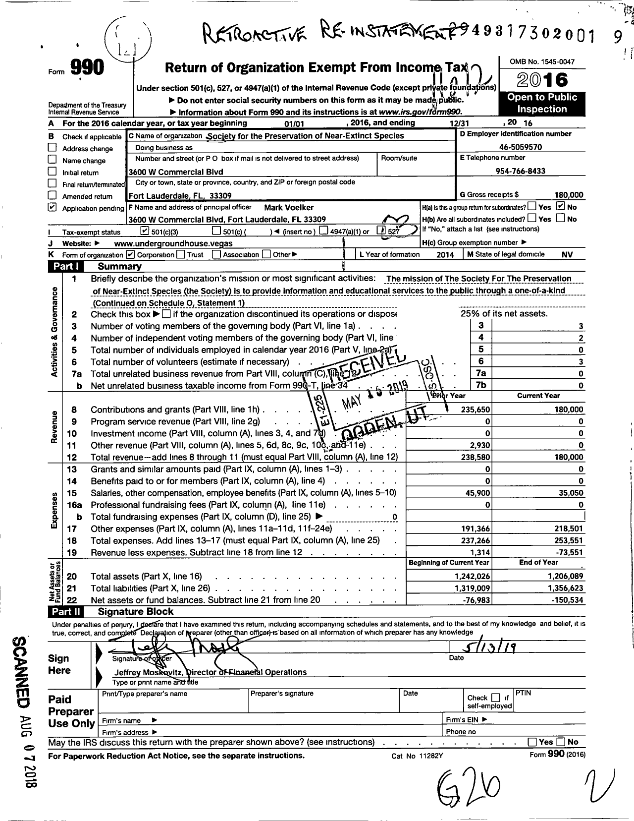 Image of first page of 2016 Form 990 for Society for the Preservation of Near-Extinct Species