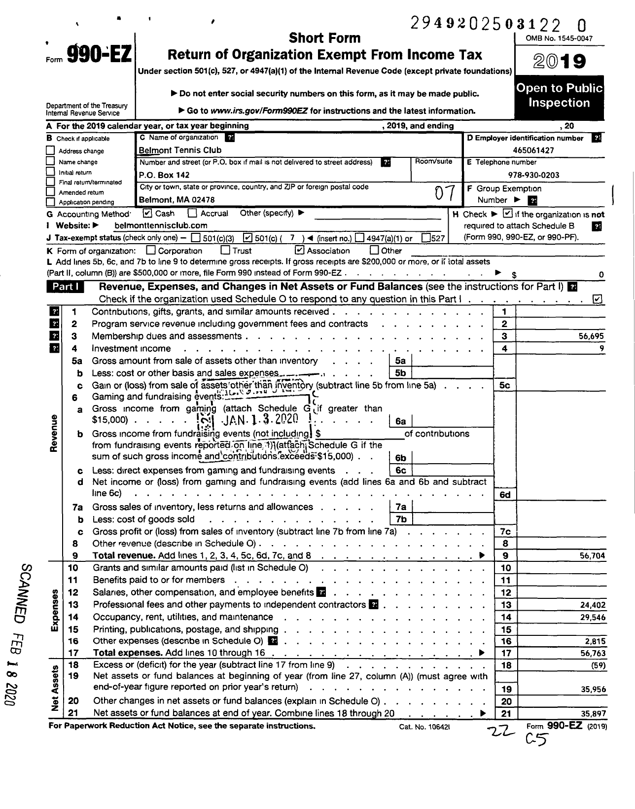 Image of first page of 2019 Form 990EO for Belmont Tennis Club