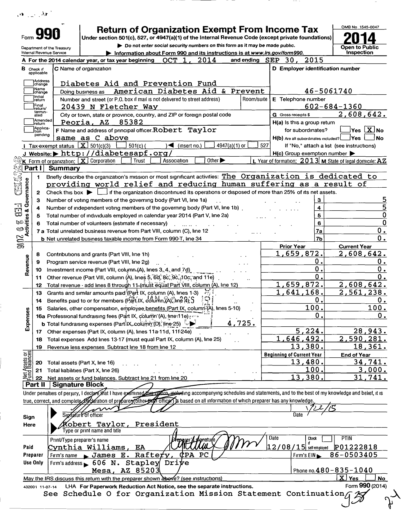 Image of first page of 2014 Form 990 for Diabetes Aid and Prevention Fund