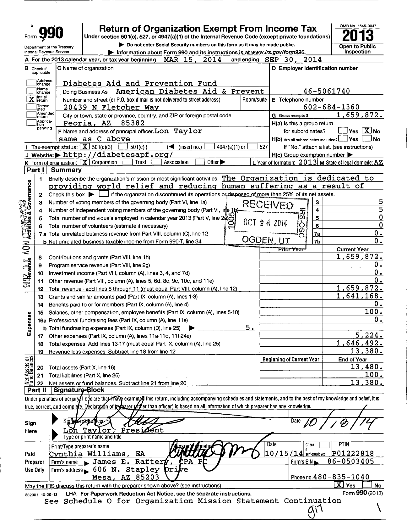 Image of first page of 2013 Form 990 for Diabetes Aid and Prevention Fund