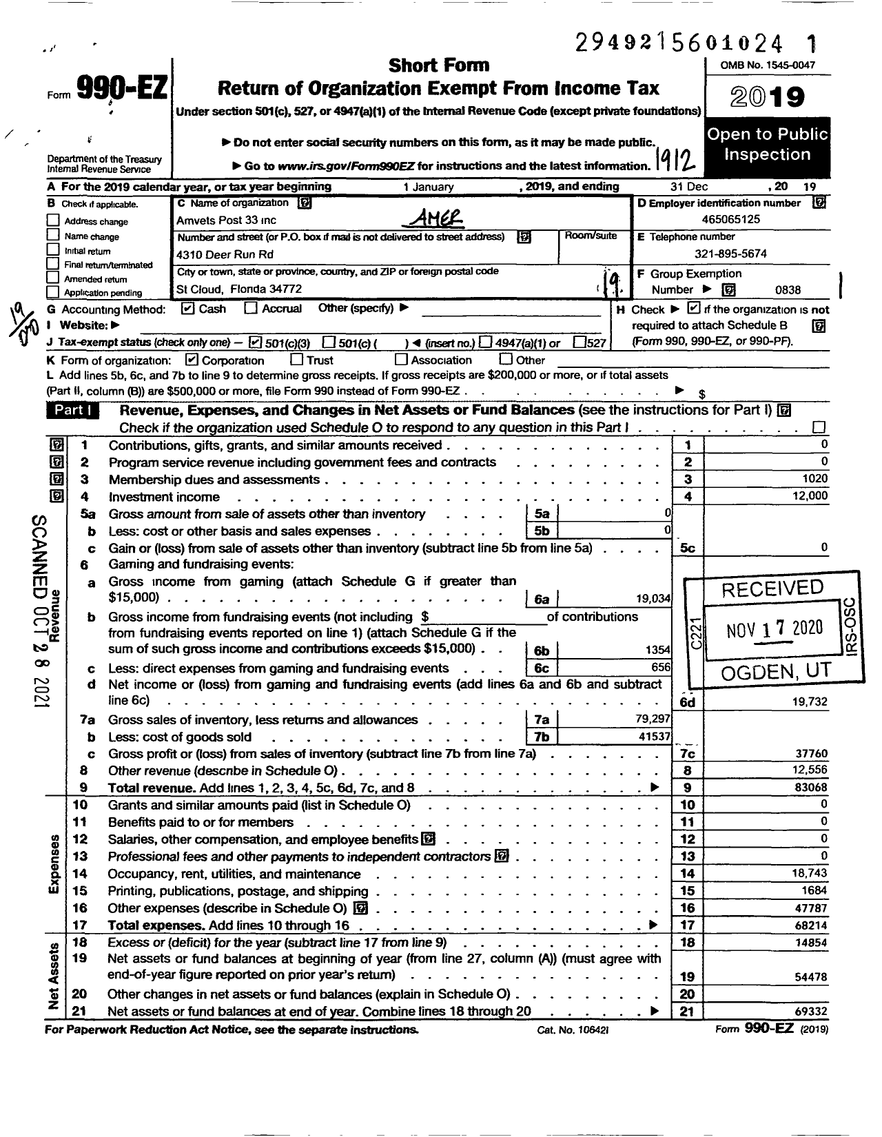 Image of first page of 2019 Form 990EO for AMVETS - AMVETS Post 33