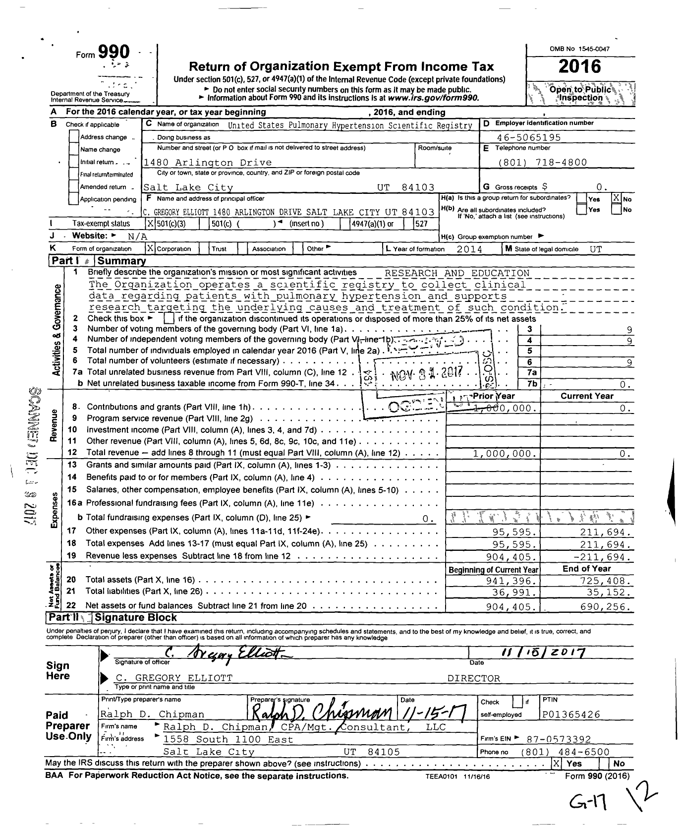 Image of first page of 2016 Form 990 for United States Pulmonary Hypertension Scientific Registry