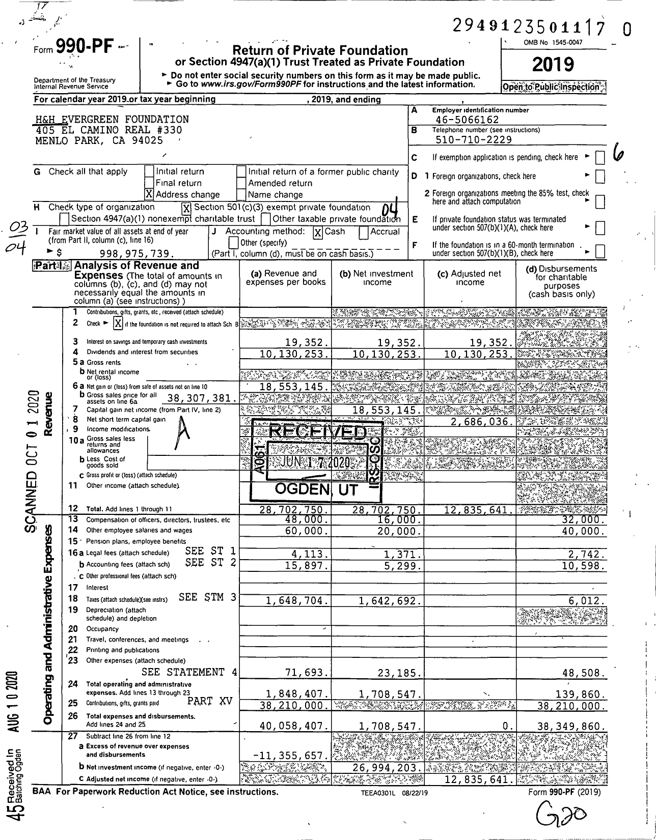 Image of first page of 2019 Form 990PR for H&H Evergreen Foundation