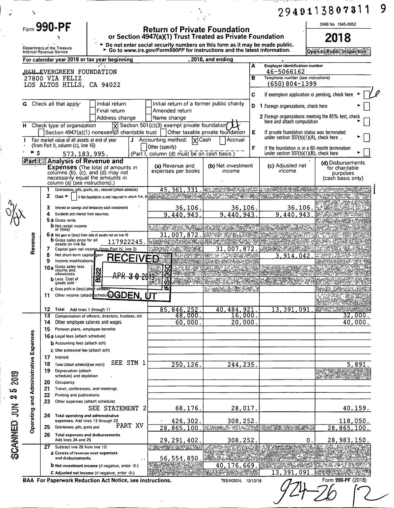 Image of first page of 2018 Form 990PF for H&H Evergreen Foundation