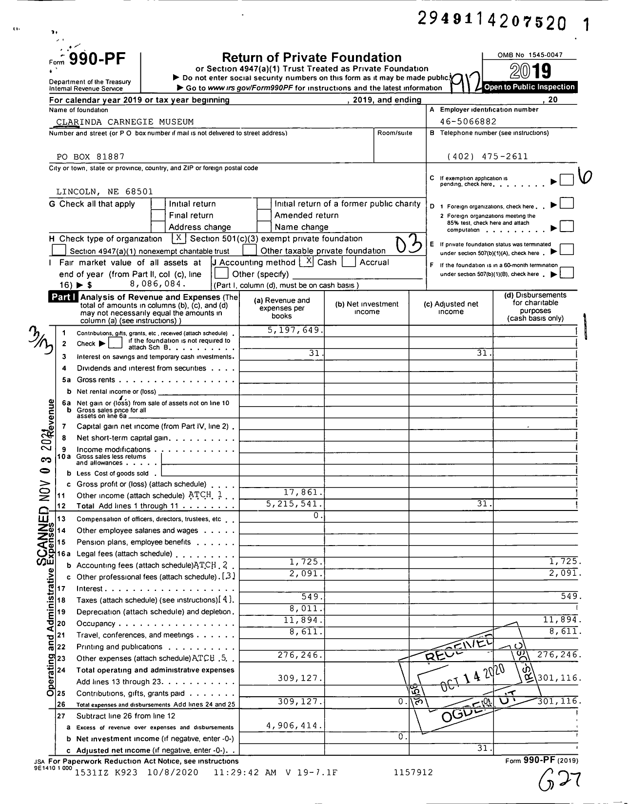 Image of first page of 2019 Form 990PF for Clarinda Carnegie Museum