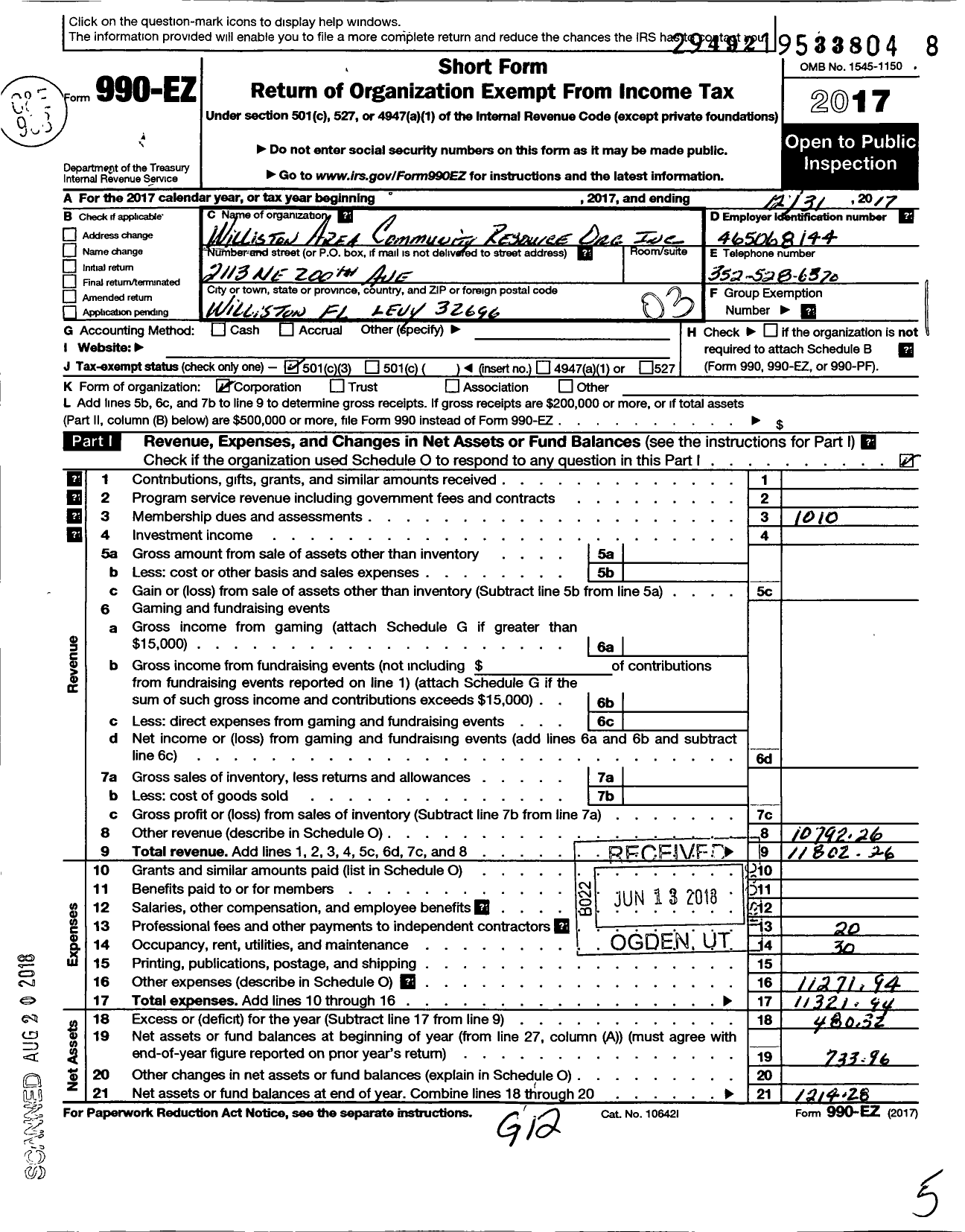 Image of first page of 2017 Form 990EZ for Williston Area Community Resource Organization