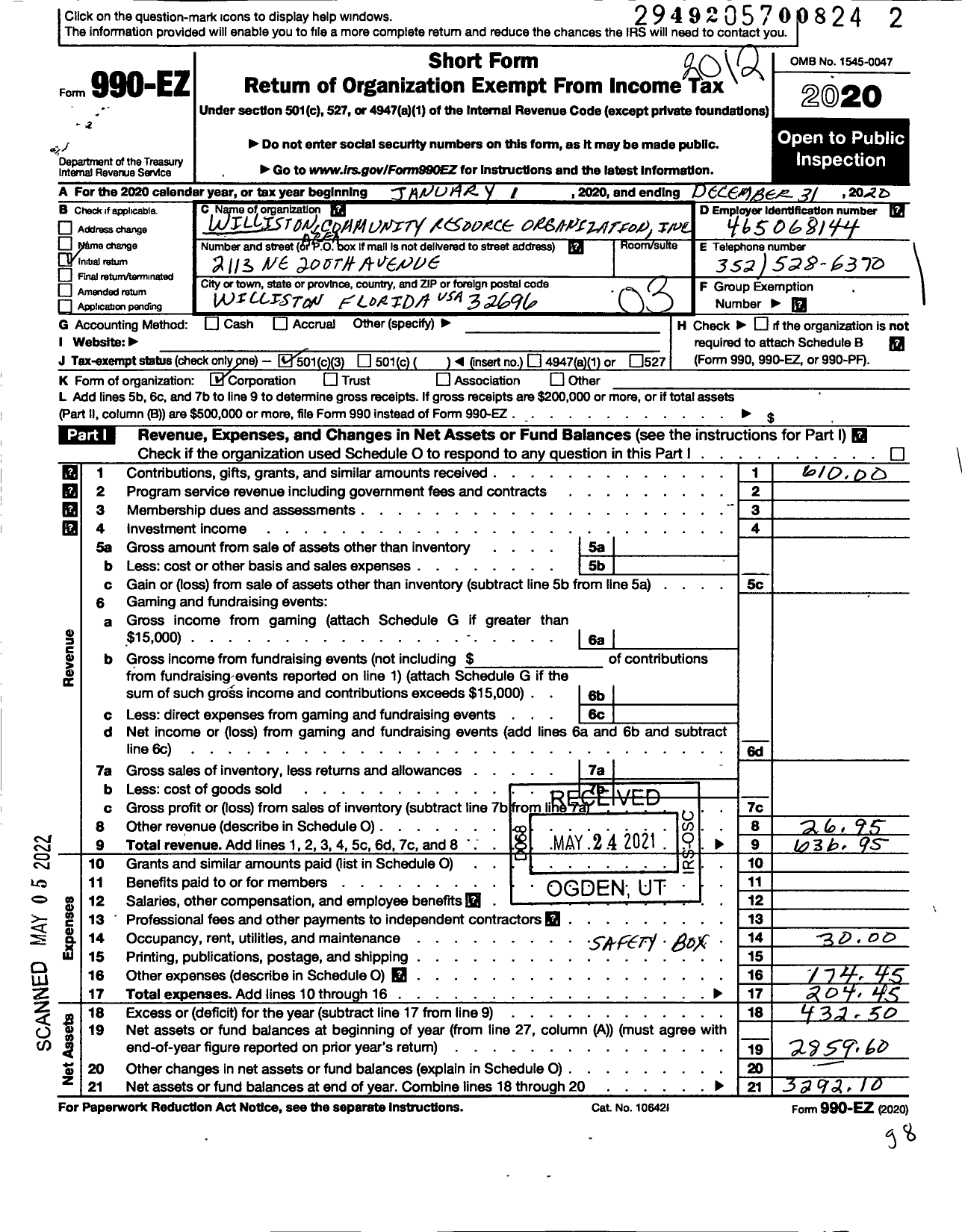 Image of first page of 2020 Form 990EZ for Williston Area Community Resource Organization