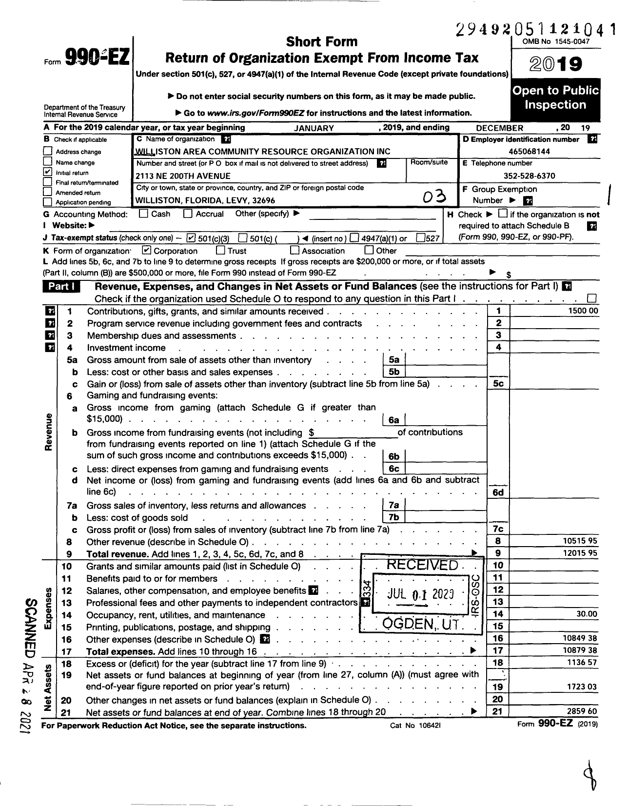 Image of first page of 2019 Form 990EZ for Williston Area Community Resource Organization