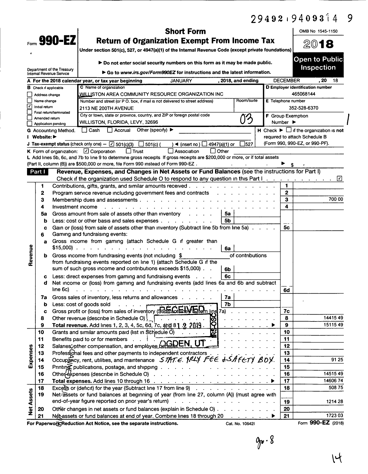 Image of first page of 2018 Form 990EZ for Williston Area Community Resource Organization