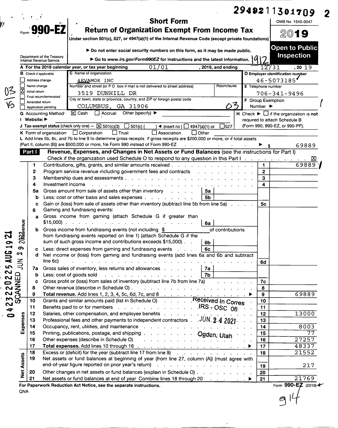 Image of first page of 2019 Form 990EZ for 4 Evamor