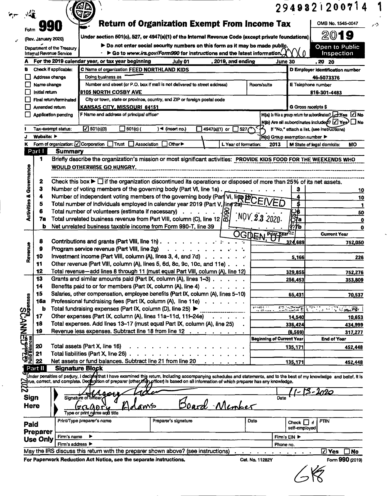 Image of first page of 2019 Form 990 for Feed Northland Kids