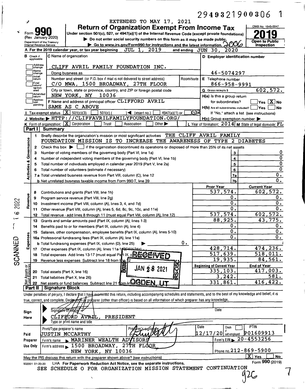 Image of first page of 2019 Form 990 for Cliff Avril Family Foundation