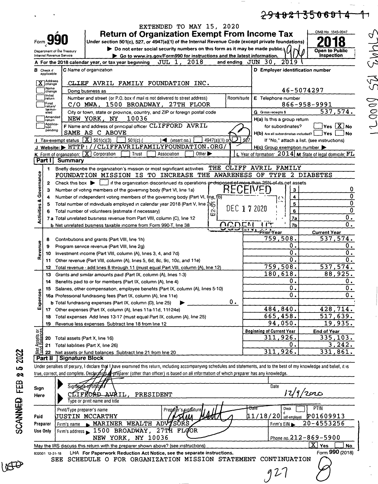 Image of first page of 2018 Form 990 for Cliff Avril Family Foundation