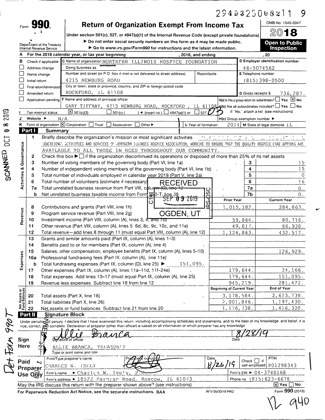 Image of first page of 2018 Form 990 for Northern Illinois Hospice Foundation