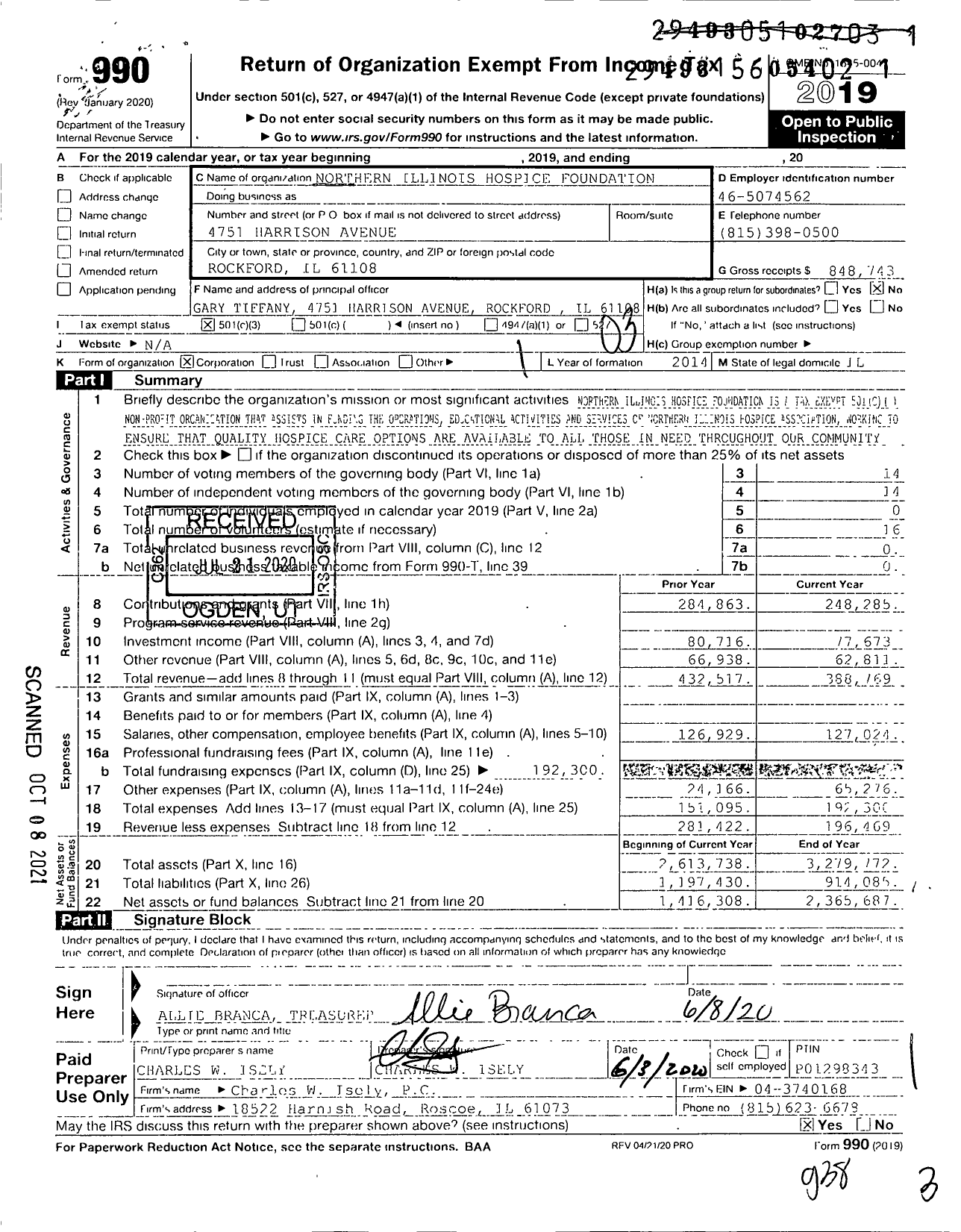Image of first page of 2019 Form 990 for Northern Illinois Hospice Foundation