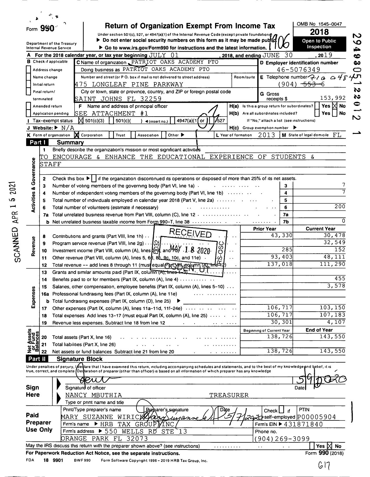 Image of first page of 2018 Form 990 for Patriot Oaks Academy Pto