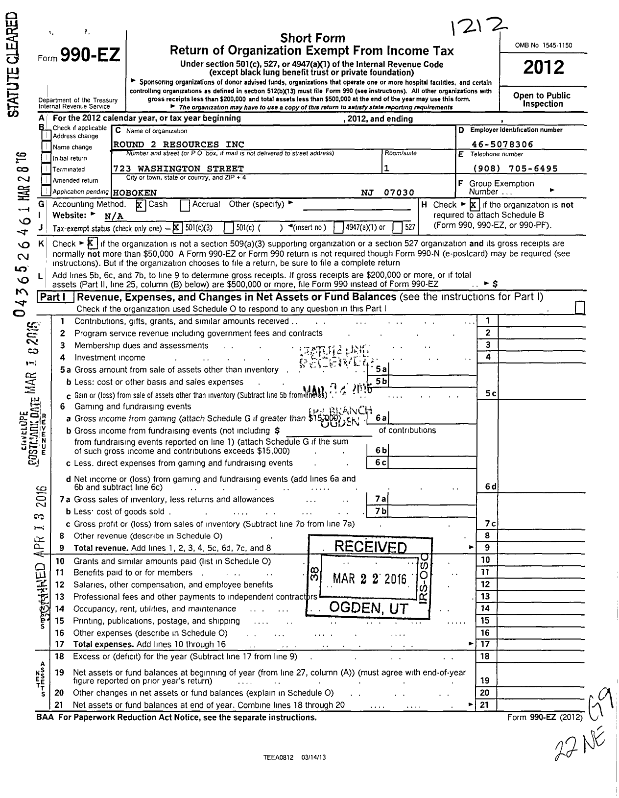 Image of first page of 2012 Form 990EZ for Round 2 Resources
