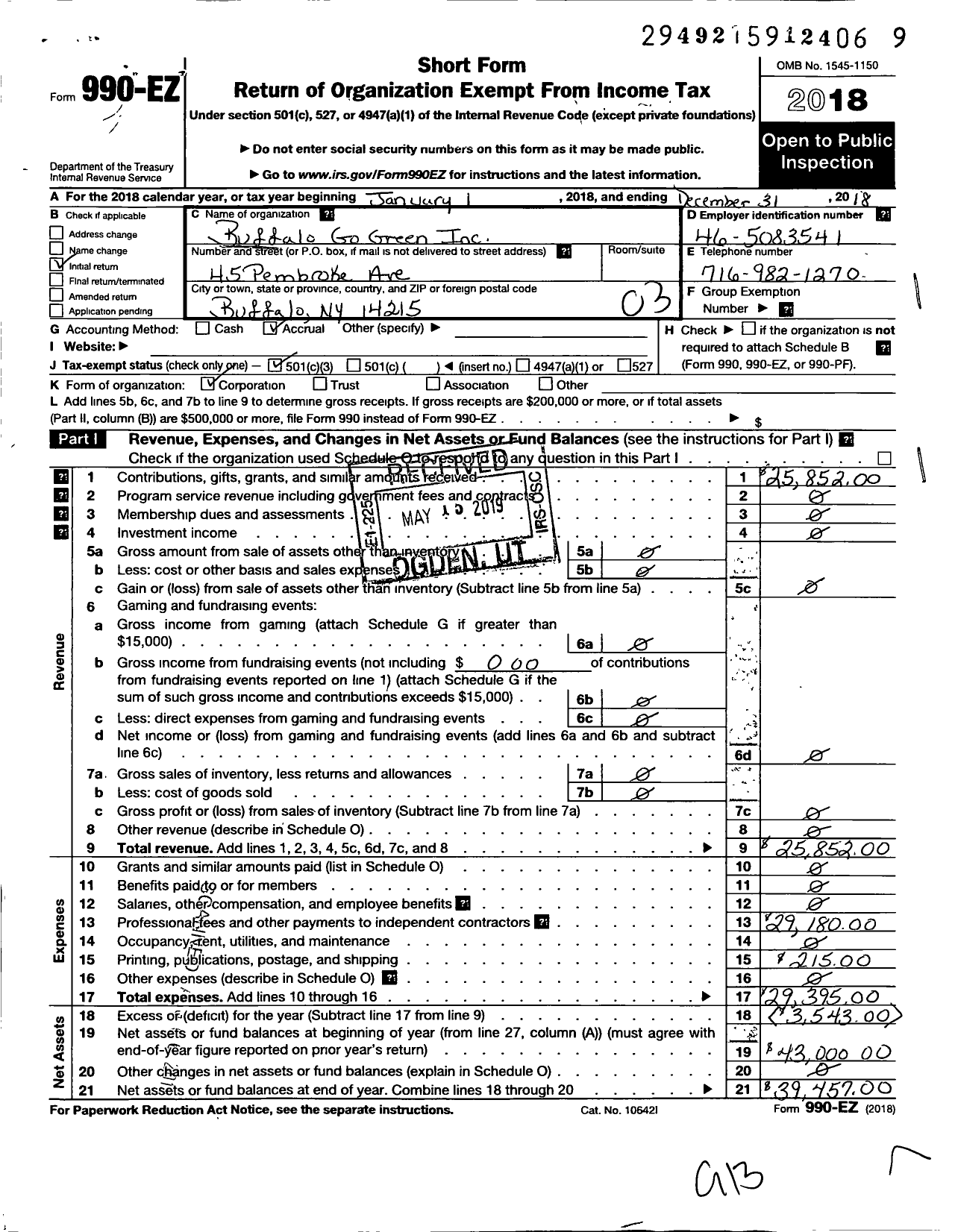 Image of first page of 2018 Form 990EZ for Buffalo Go Green