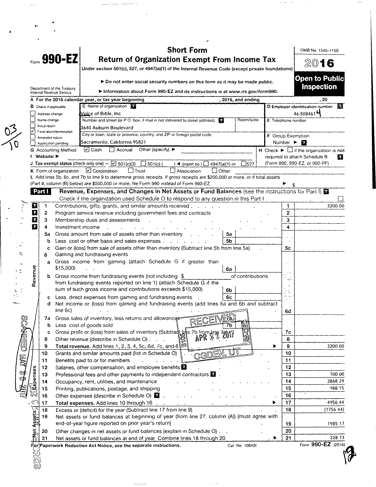 Image of first page of 2016 Form 990EZ for Voice of Bible