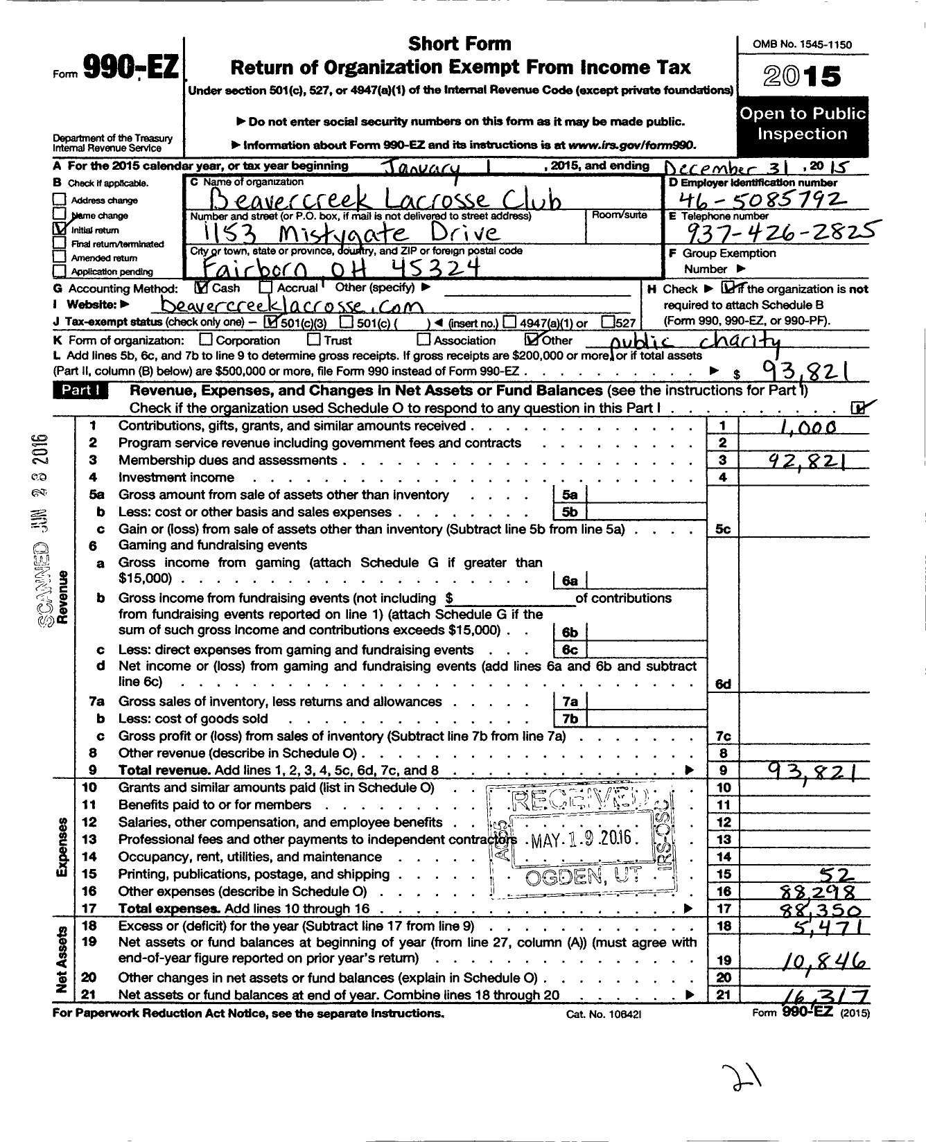 Image of first page of 2015 Form 990EZ for Beavercreek Lacrosse Club