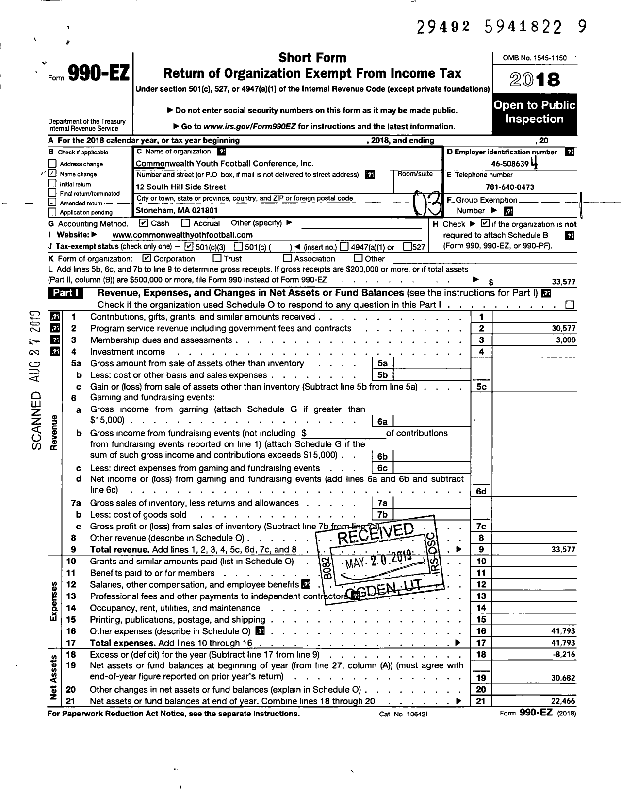 Image of first page of 2018 Form 990EZ for Commonwealth Youth Football Conference