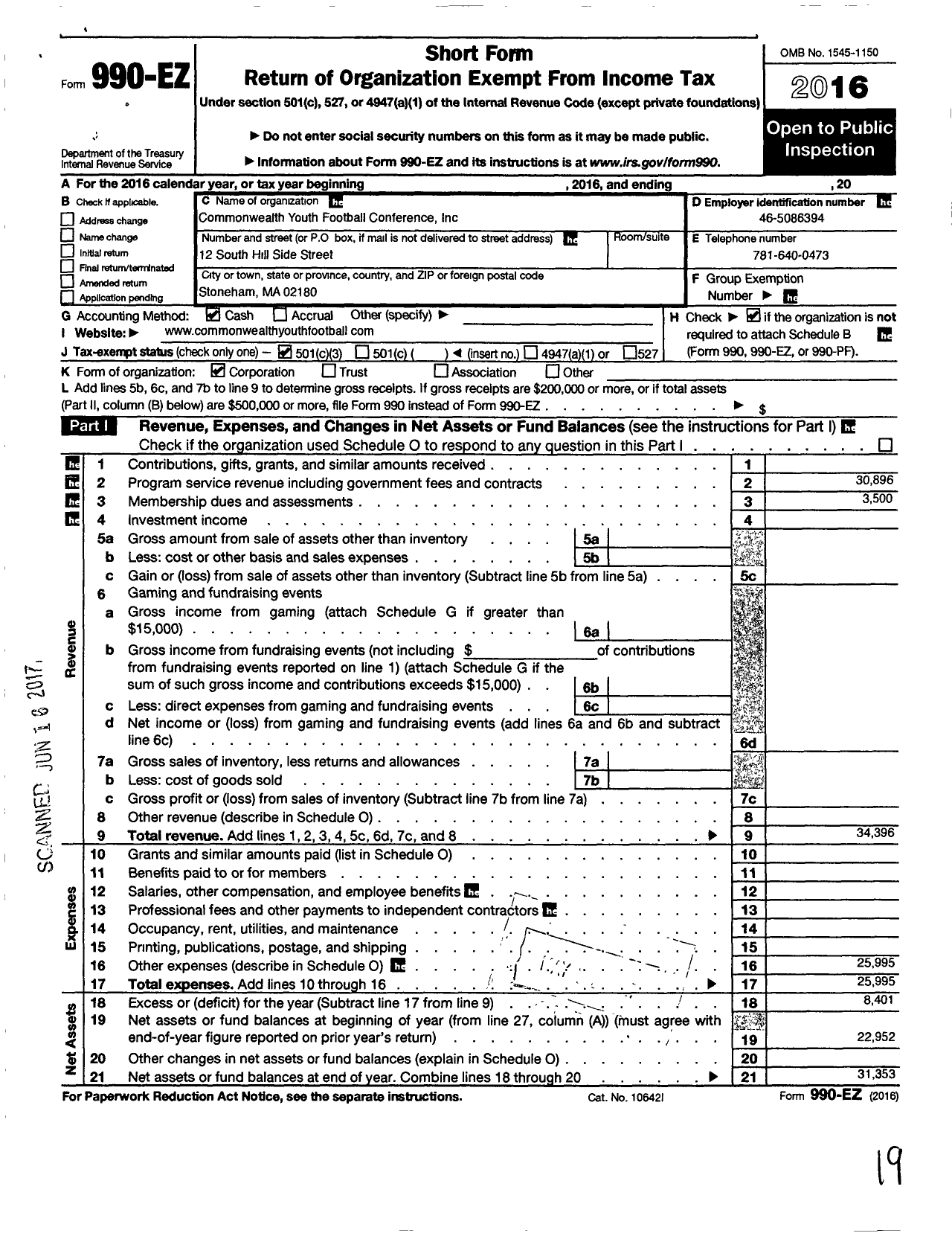 Image of first page of 2016 Form 990EZ for Commonwealth Youth Football Conference