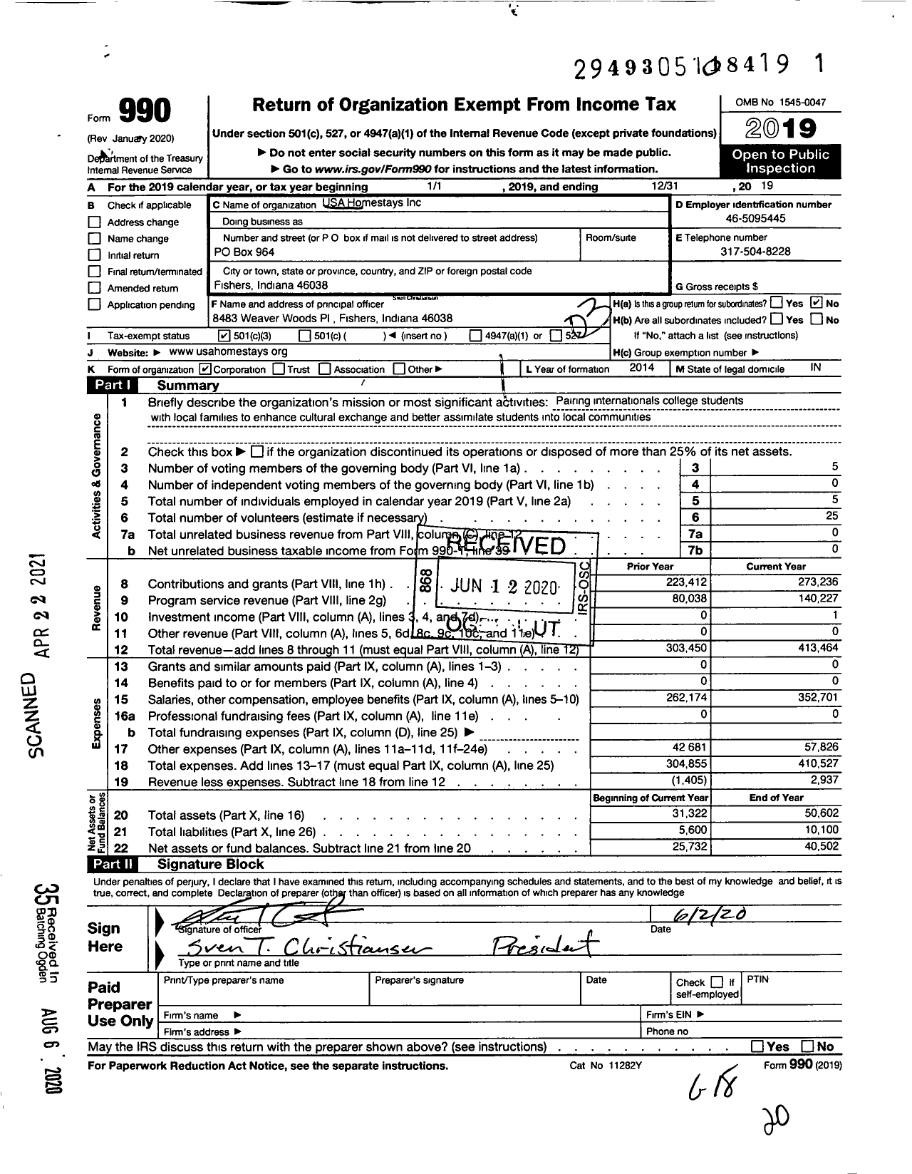 Image of first page of 2019 Form 990 for USA Homestays