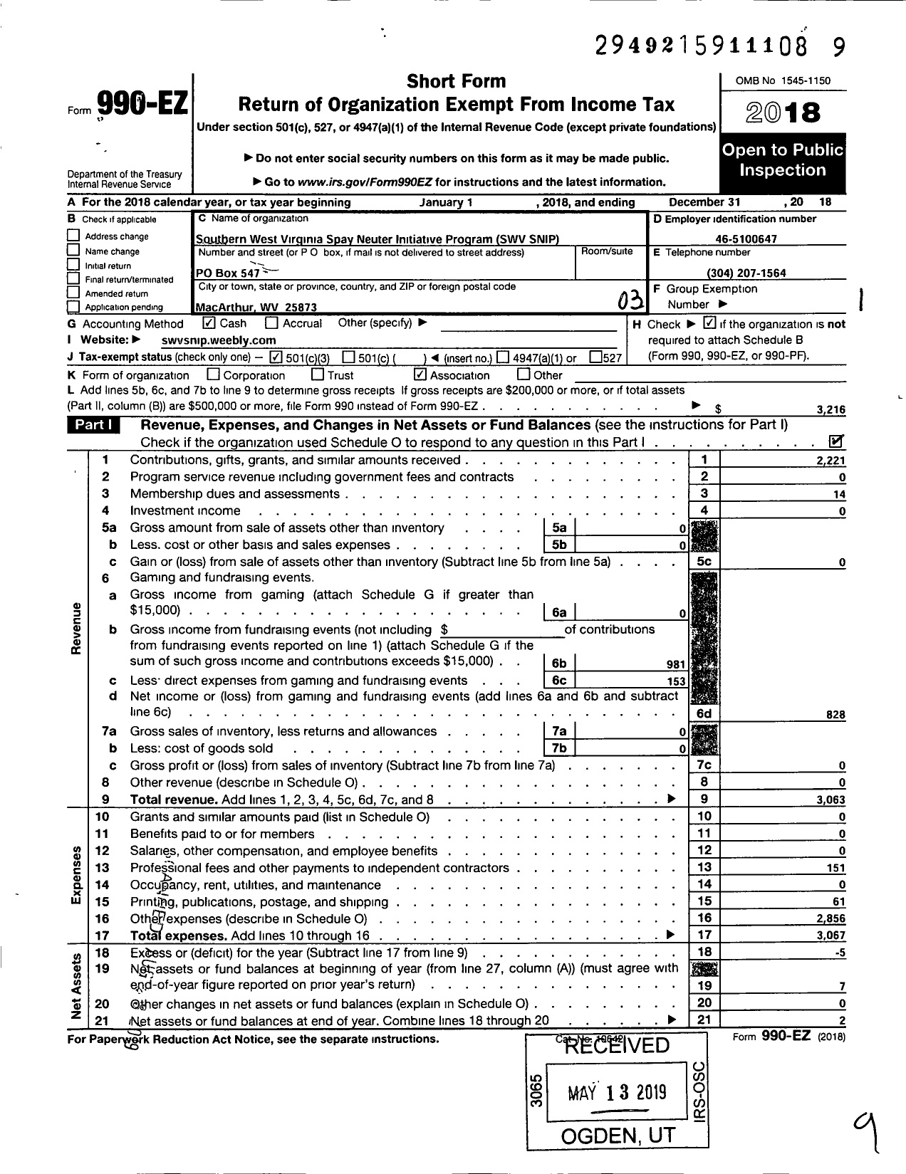 Image of first page of 2018 Form 990EZ for Southern WV Spay Neuter Initiative Program