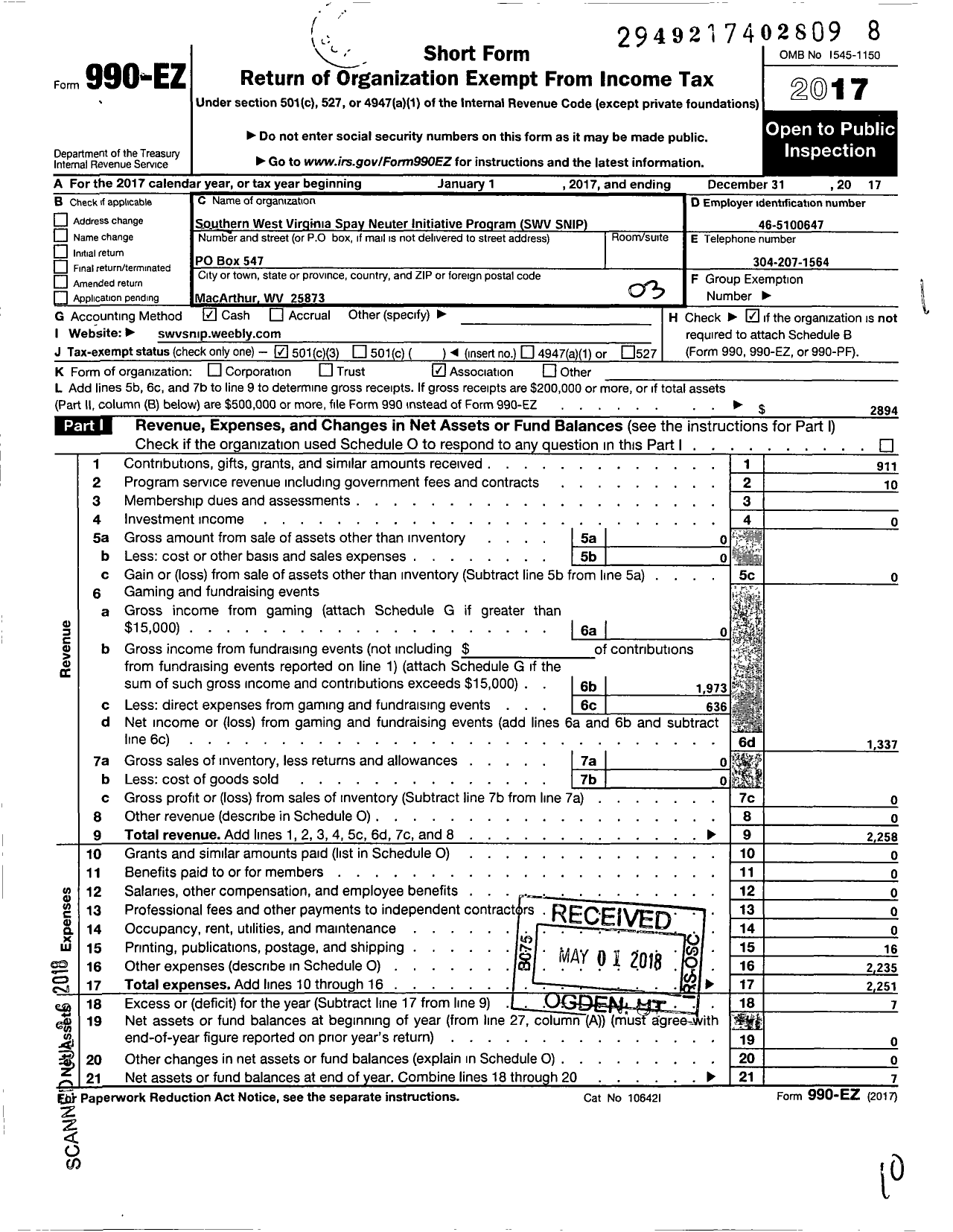 Image of first page of 2017 Form 990EZ for Southern WV Spay Neuter Initiative Program