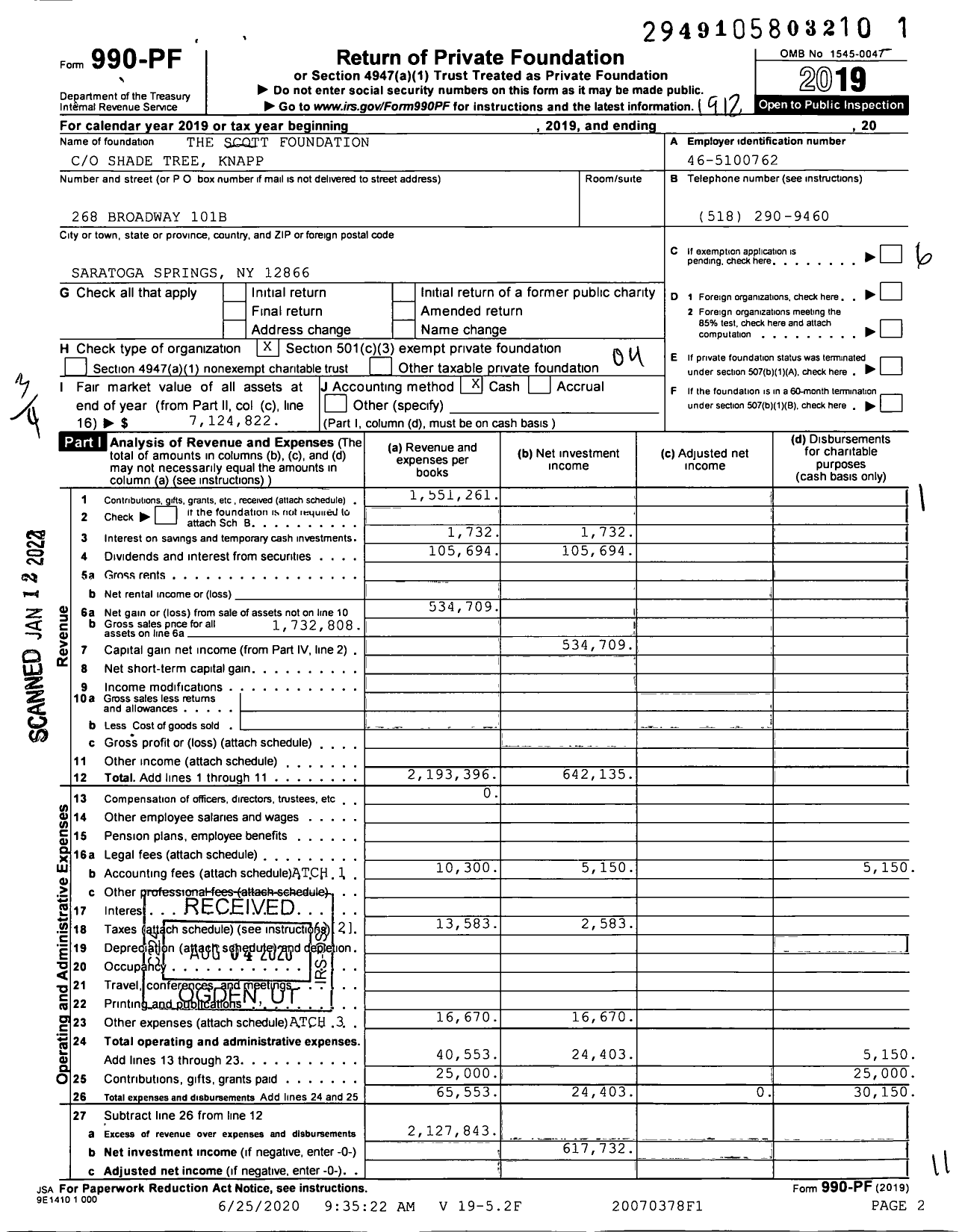 Image of first page of 2019 Form 990PF for The Scott Foundation