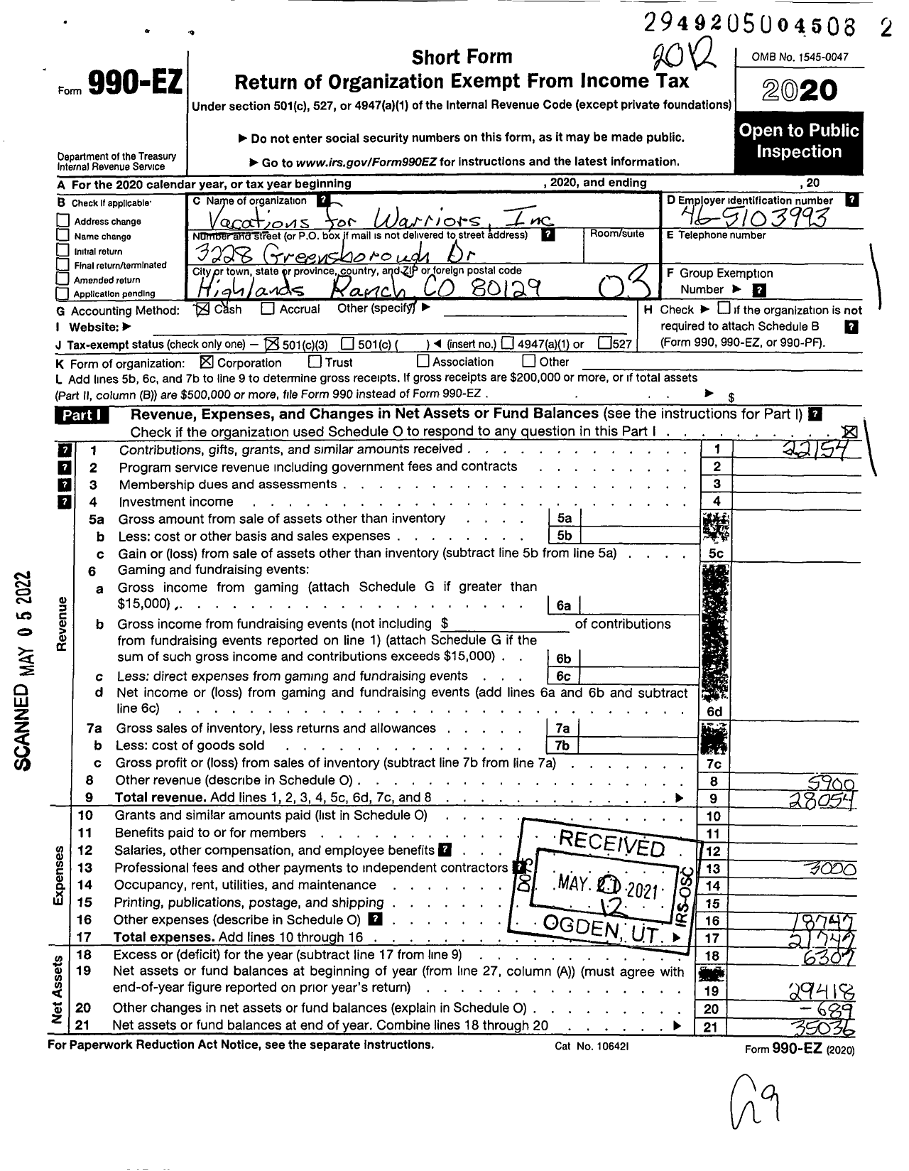 Image of first page of 2020 Form 990EZ for Vacations for Warriors