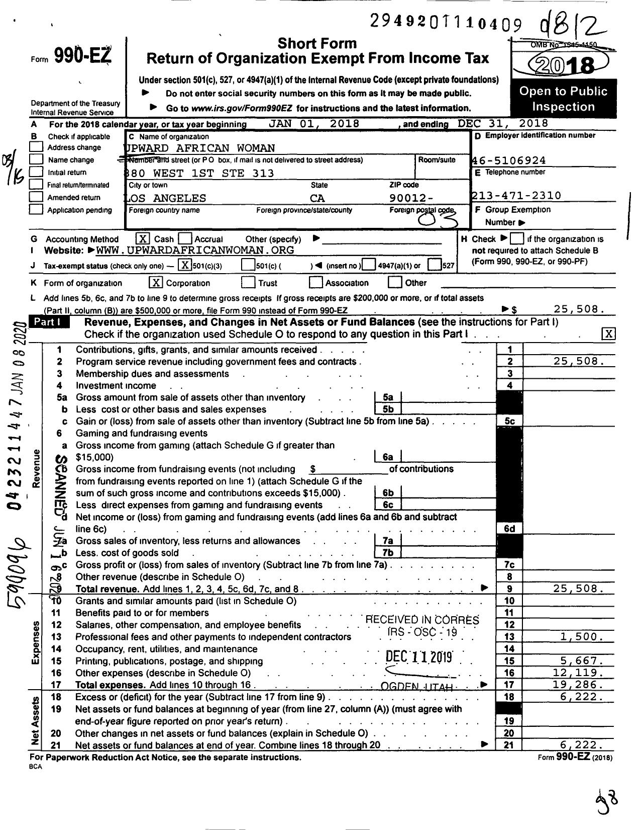 Image of first page of 2018 Form 990EZ for Upward African Woman