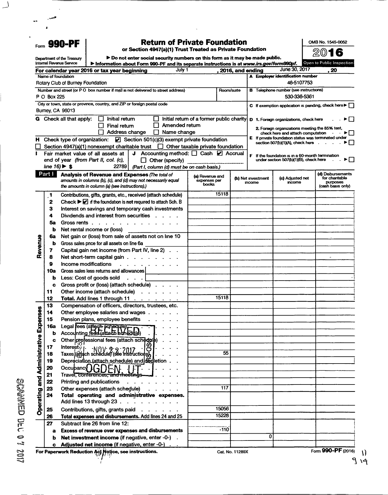 Image of first page of 2016 Form 990PF for Rotary Club of Burney Foundation