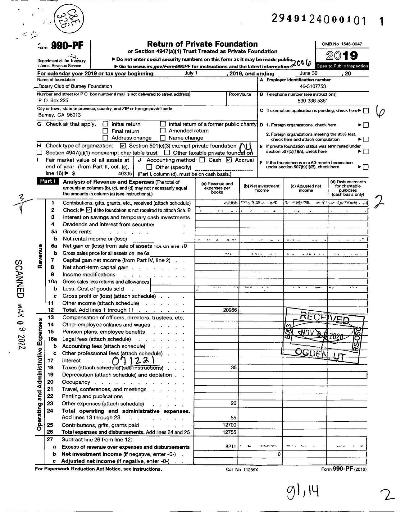 Image of first page of 2019 Form 990PF for Rotary Club of Burney Foundation