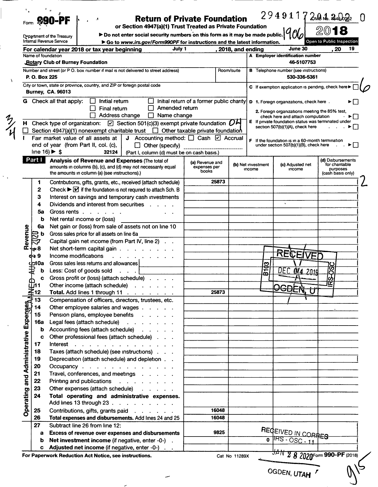 Image of first page of 2018 Form 990PR for Rotary Club of Burney Foundation