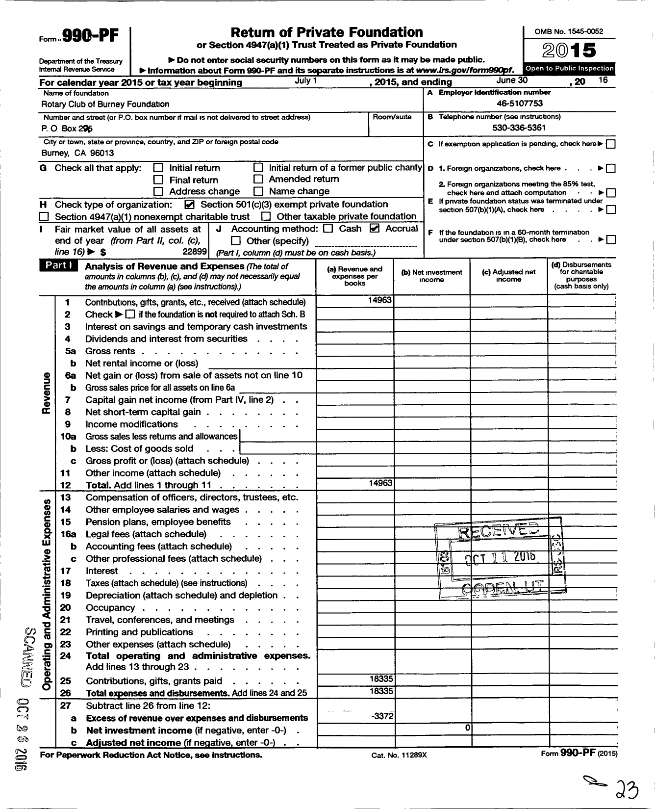 Image of first page of 2015 Form 990PF for Rotary Club of Burney Foundation