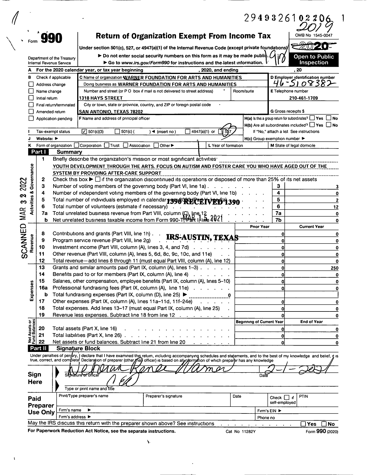 Image of first page of 2019 Form 990 for WARNER FOUNDATION FOR ArTS AND Human