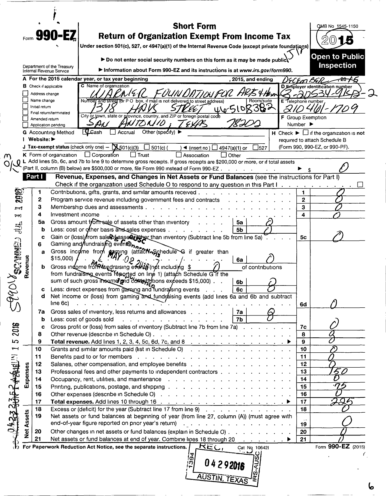 Image of first page of 2015 Form 990EZ for WARNER FOUNDATION FOR ArTS AND Human