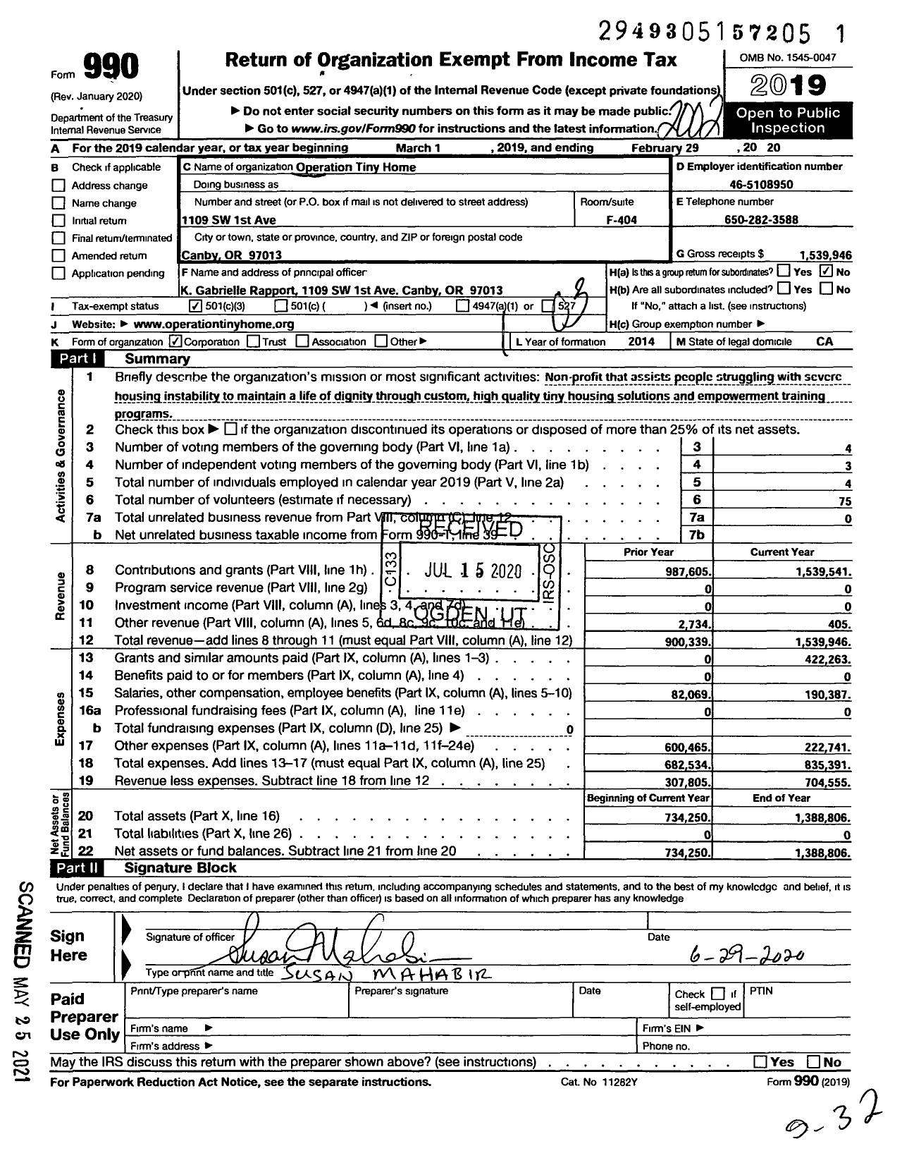 Image of first page of 2019 Form 990 for Operation Tiny Home