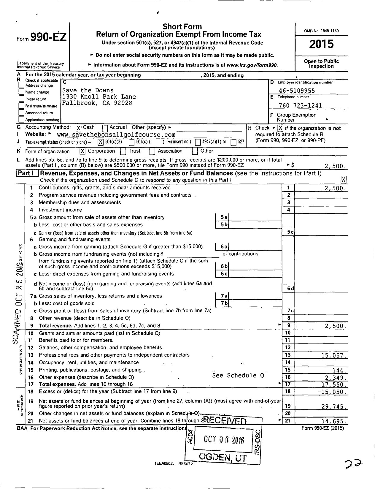 Image of first page of 2015 Form 990EZ for Save the Downs