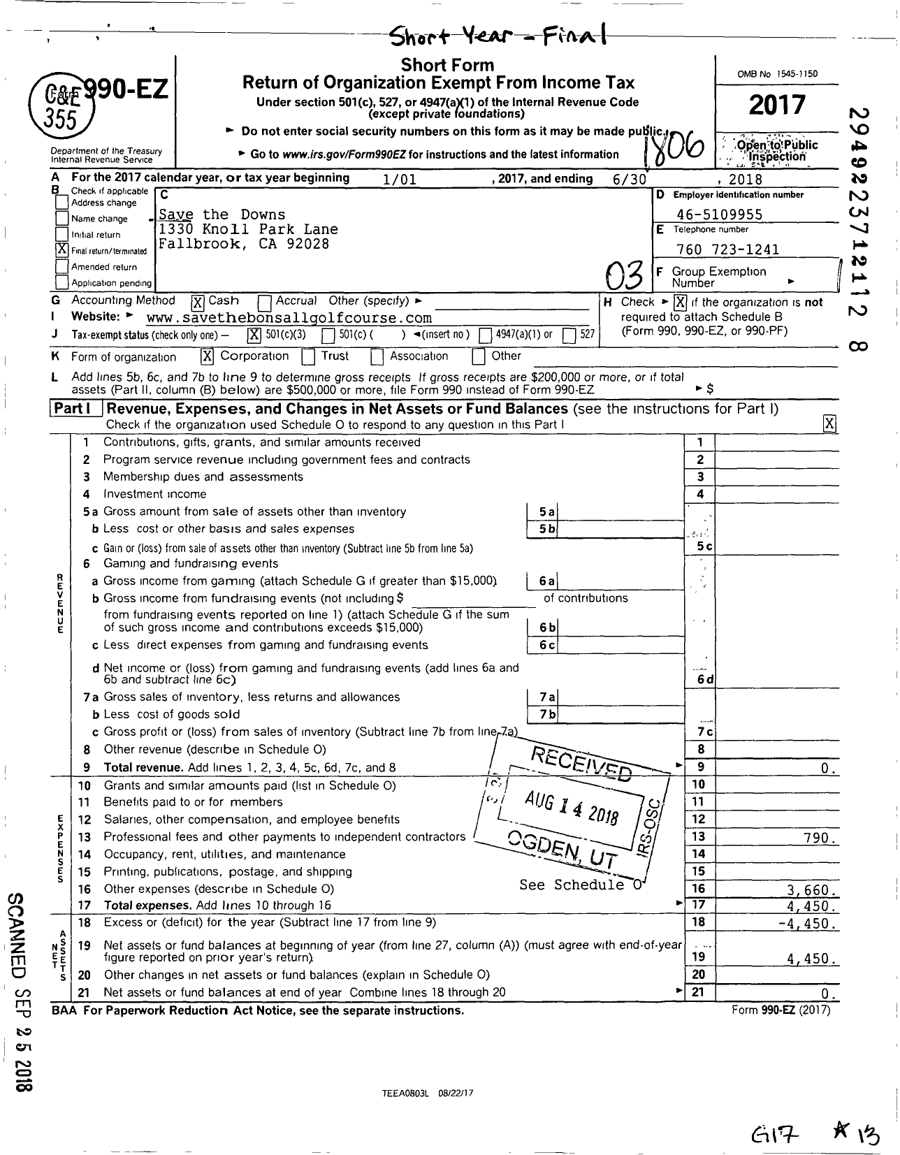 Image of first page of 2017 Form 990EZ for Save the Downs