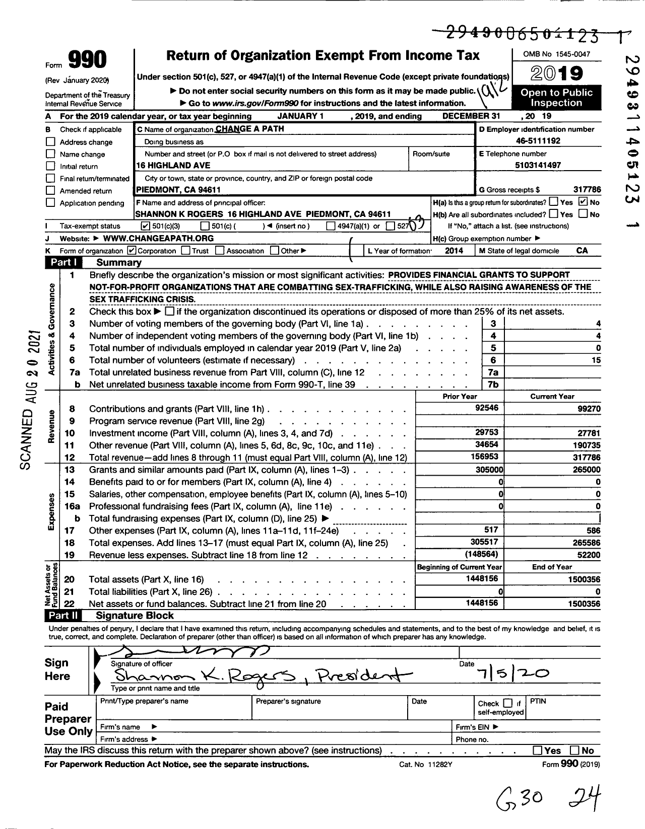 Image of first page of 2019 Form 990 for Change of Path