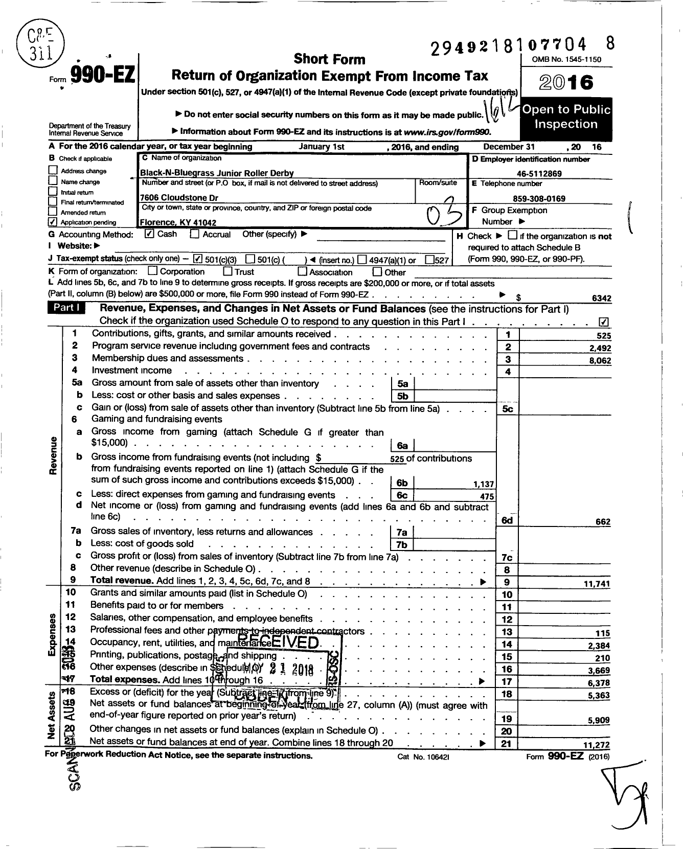 Image of first page of 2016 Form 990EZ for Black N Bluegrass Junior Roller Derby Limited