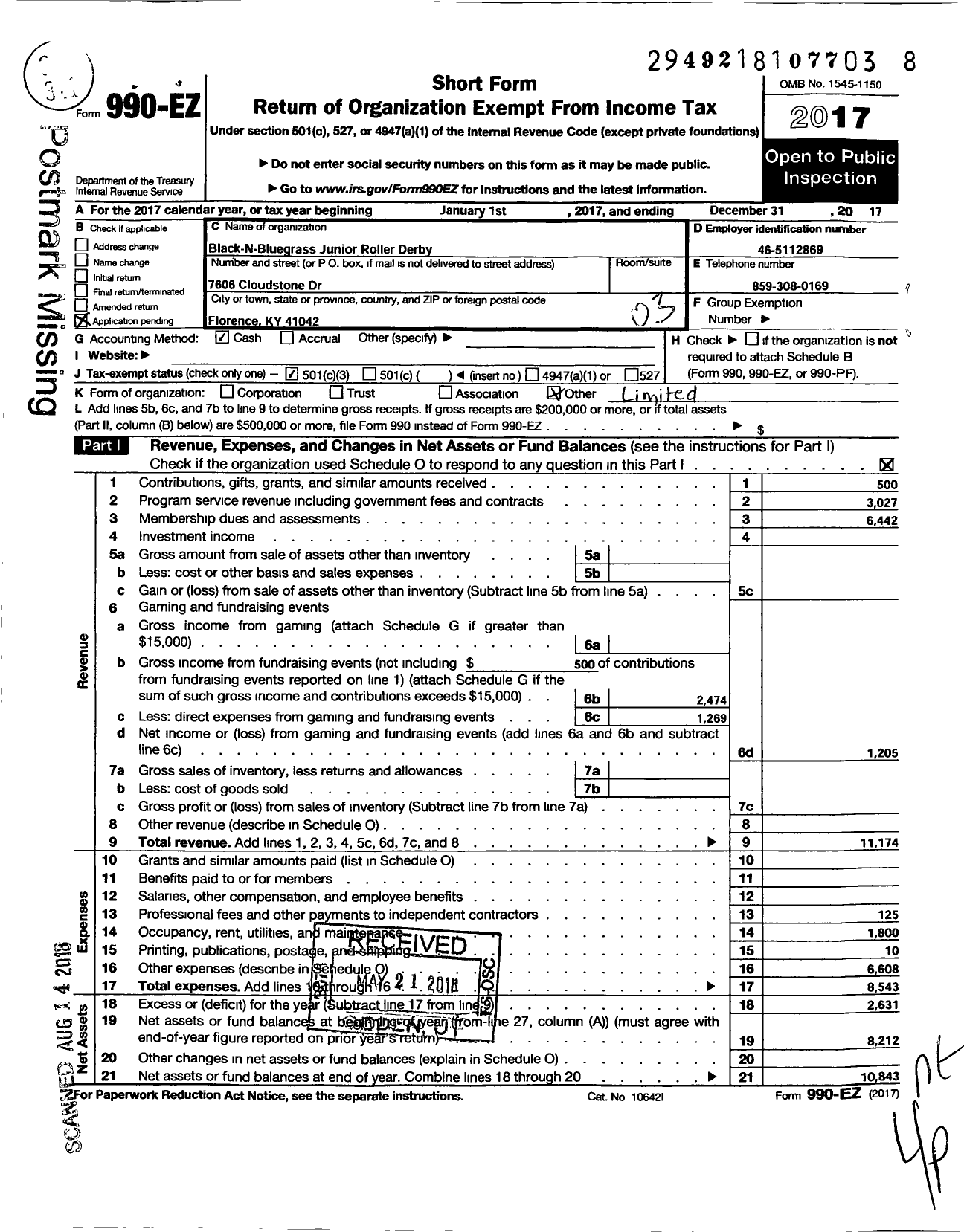 Image of first page of 2017 Form 990EZ for Black N Bluegrass Junior Roller Derby Limited