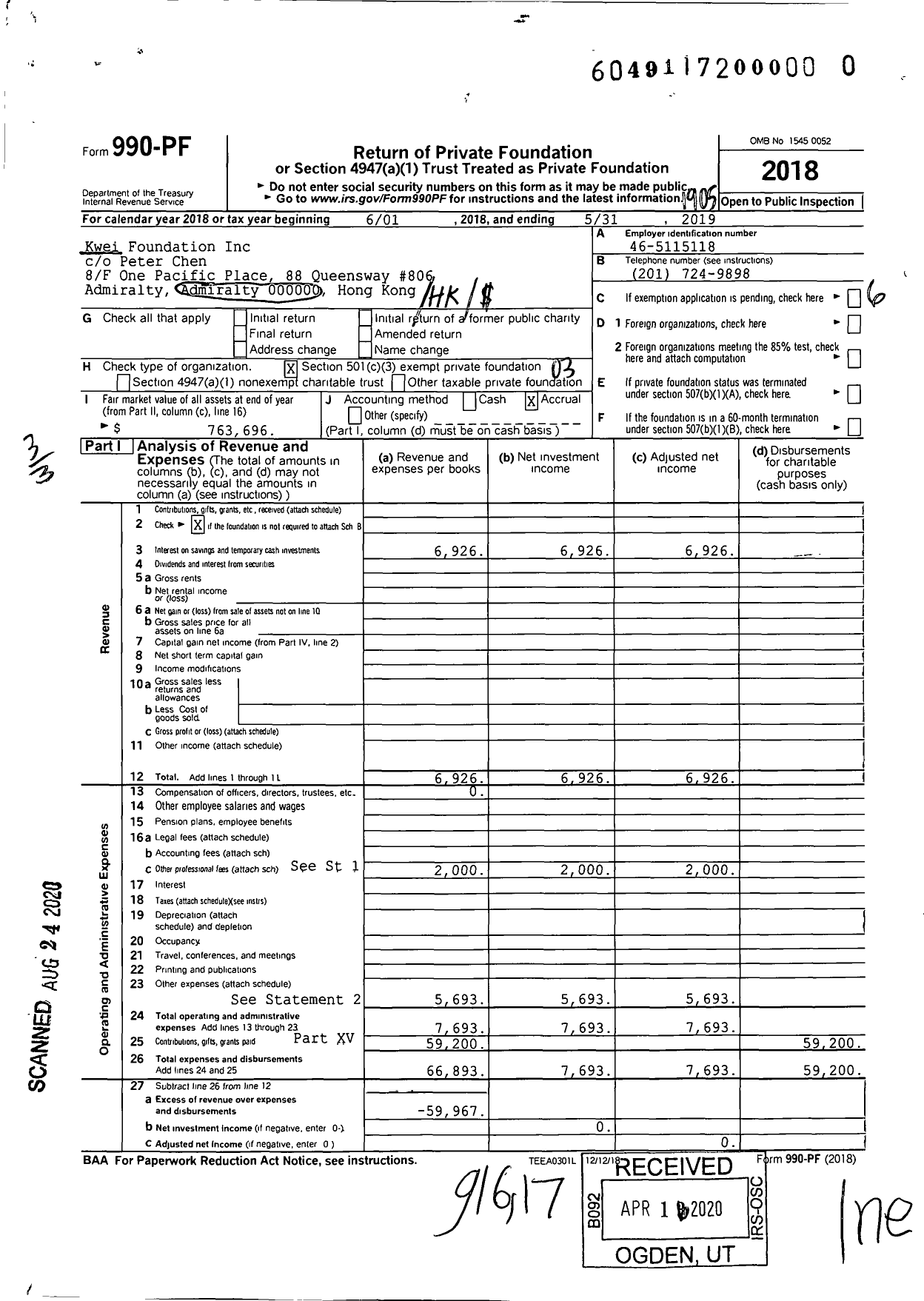 Image of first page of 2018 Form 990PR for Kwei Foundation