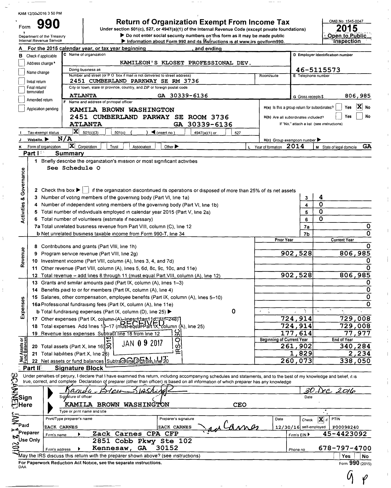 Image of first page of 2015 Form 990 for Kamileons Kloset Professional Dev